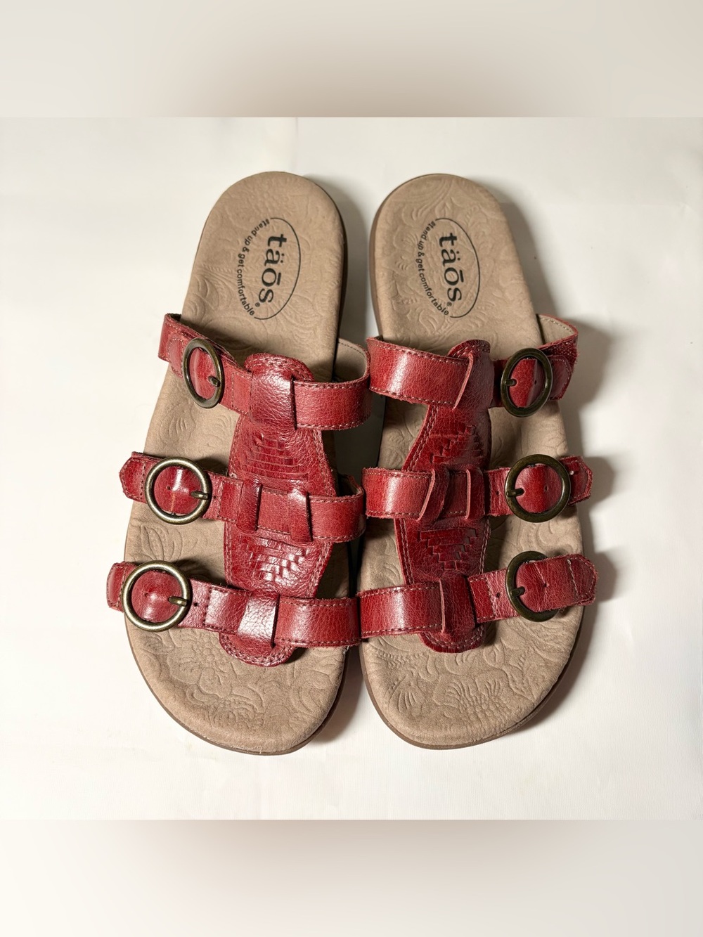 Taos Good Times Red Leather Adjustable Straps Slide Sandals Women’s Size 9